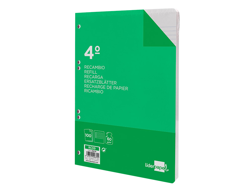 RECAMBIO LIDERPAPEL CUARTO 100 HOJAS 60G/M2 HORIZONTAL CON MARGEN 6 TALADROS
