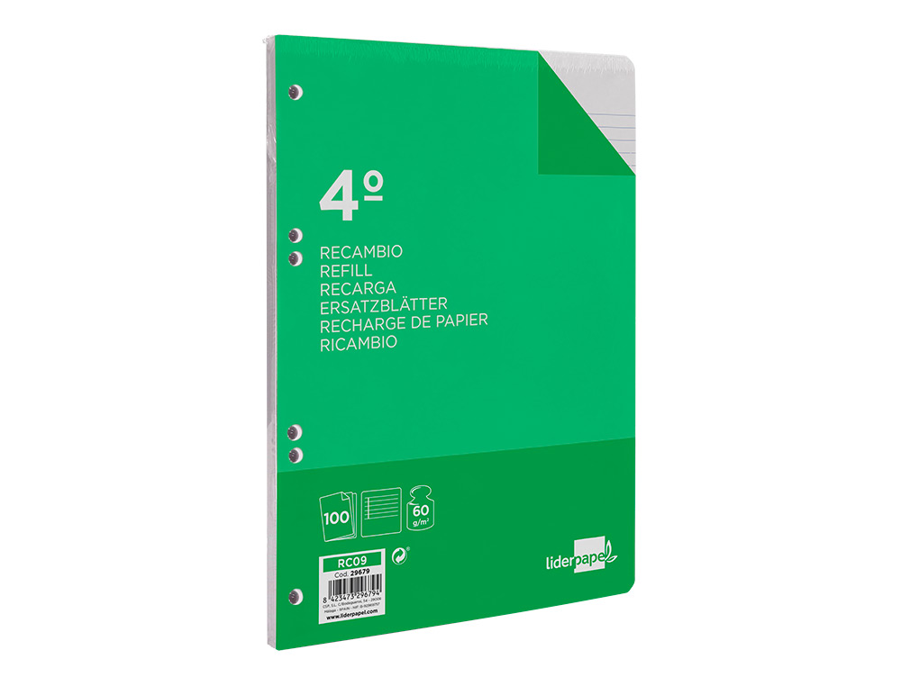 RECAMBIO LIDERPAPEL CUARTO 100 HOJAS 60G/M2 HORIZONTAL CON MARGEN 6 TALADROS