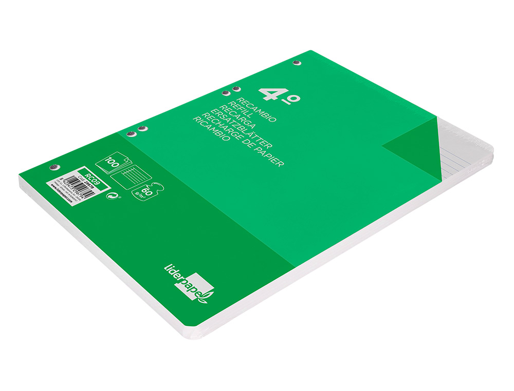 RECAMBIO LIDERPAPEL CUARTO 100 HOJAS 60G/M2 HORIZONTAL CON MARGEN 6 TALADROS