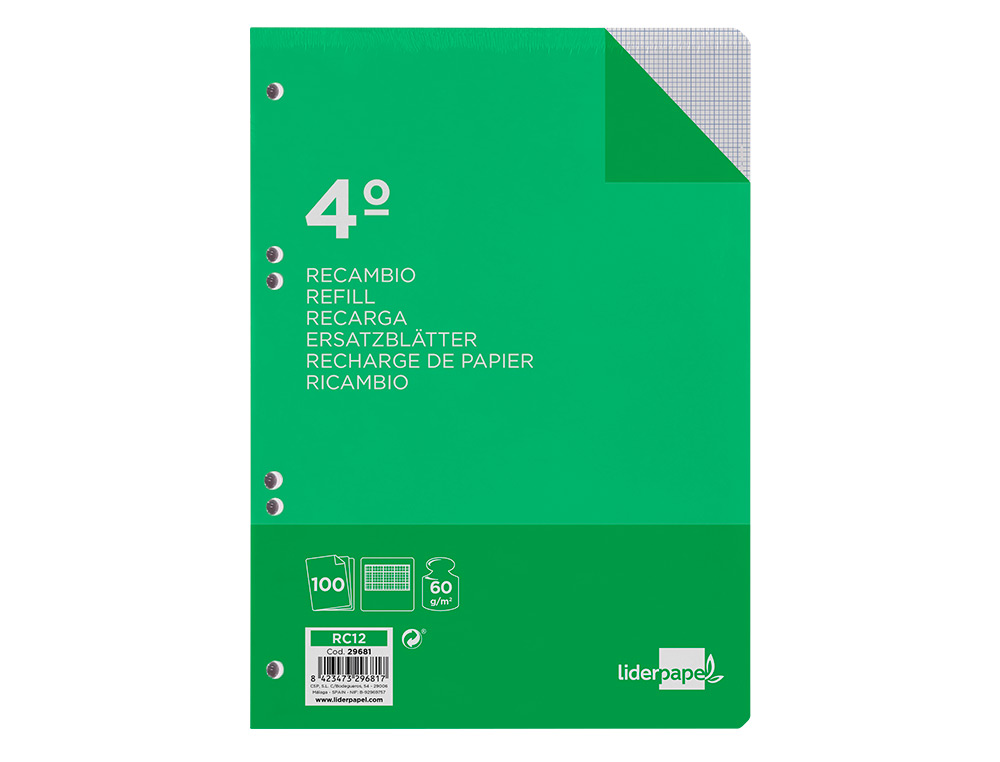 RECAMBIO LIDERPAPEL CUARTO 100 HOJAS 60G/M2 MILIMETRADO SIN MARGEN 6 TALADROS