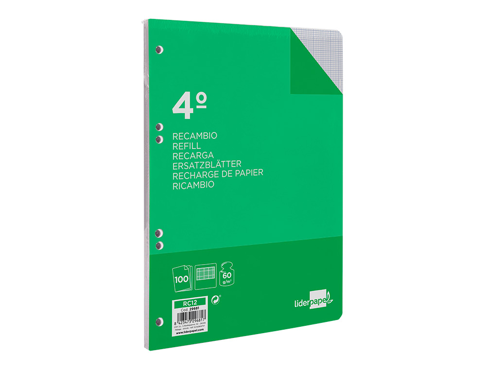 RECAMBIO LIDERPAPEL CUARTO 100 HOJAS 60G/M2 MILIMETRADO SIN MARGEN 6 TALADROS