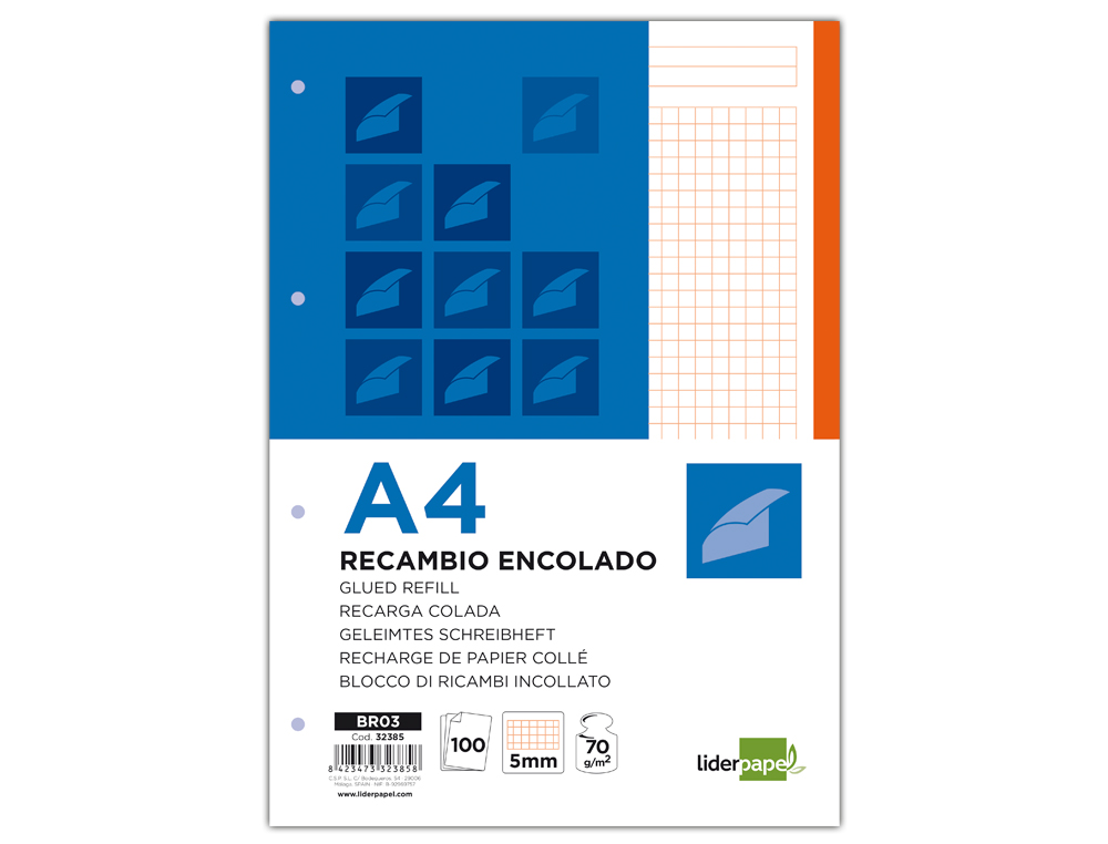 BLOC ENCOLADO LIDERPAPEL CUADRO 5MM NARANJA A4 NATURAL 100 HOJAS 70 G/M2