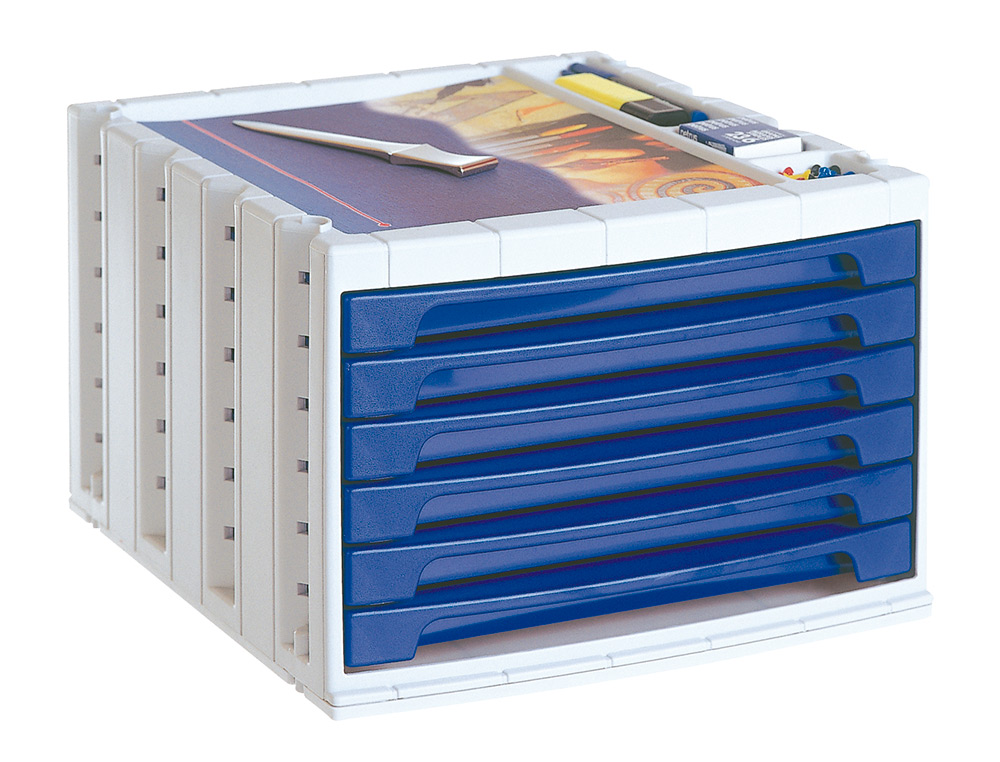 FICHERO CAJONES DE SOBREMESA ARCHIVO 2000 305X370X215 MM BANDEJA ORGANIZADORA SUPERIOR 6 CAJONES AZUL OPACO