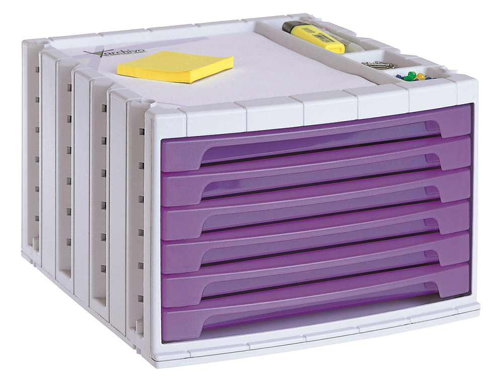 FICHERO CAJONES DE SOBREMESA ARCHIVO 2000 305X370X215 MM BANDEJA ORGANIZADORA SUPERIOR 6 CAJONES VIOLETA TRANSLUCIDO