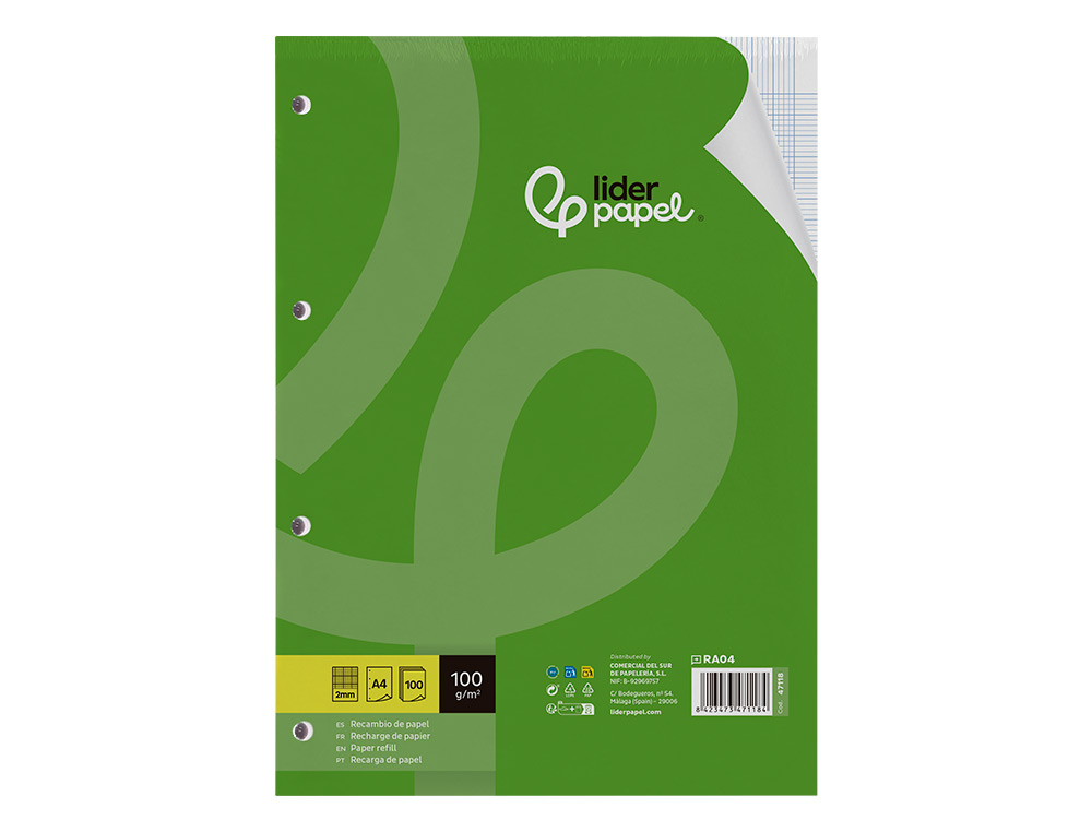 RECAMBIO LIDERPAPEL A4 100 HOJAS 100GR MILIMETRADO 2MM SIN MARGEN 4 TALADROS
