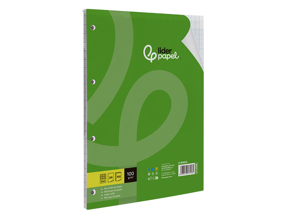 RECAMBIO LIDERPAPEL A4 100 HOJAS 100GR MILIMETRADO 2MM SIN MARGEN 4 TALADROS