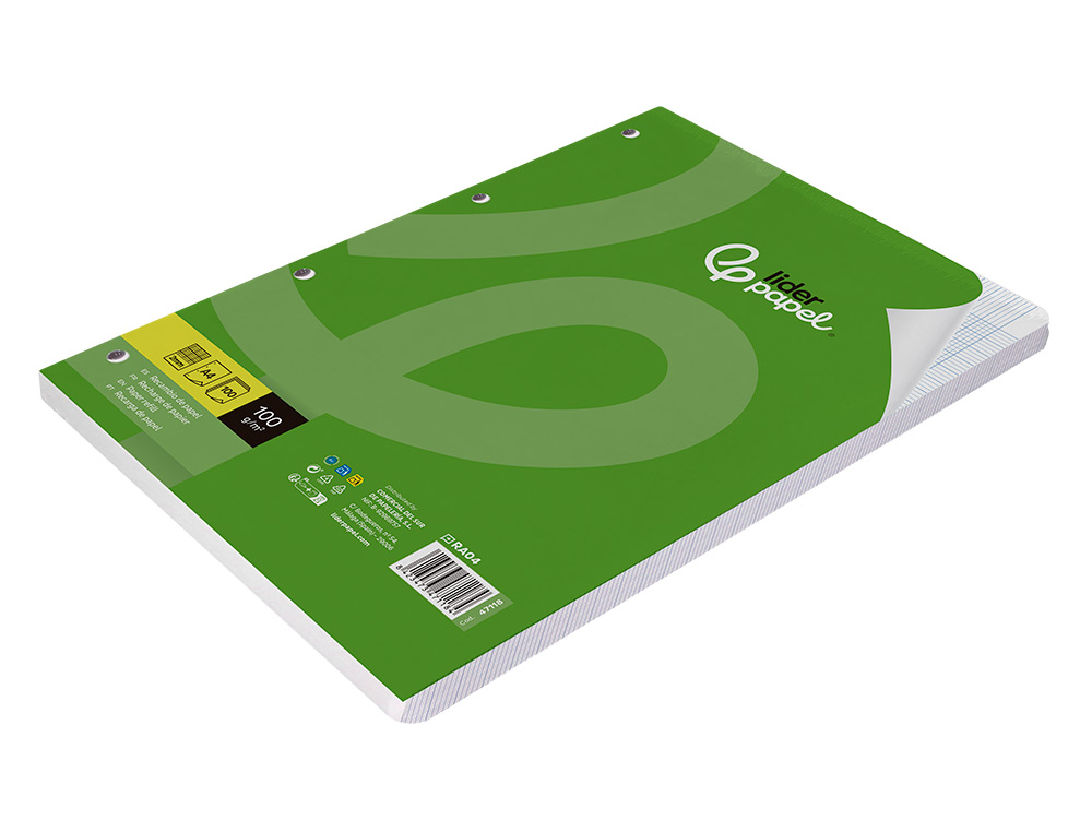 RECAMBIO LIDERPAPEL A4 100 HOJAS 100GR MILIMETRADO 2MM SIN MARGEN 4 TALADROS