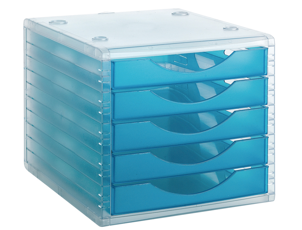 FICHERO CAJONES DE SOBREMESA ARCHIVO 2000 340X270X260 MM APILABLES 5 CAJONES AZUL MAR TRANSLUCIDO