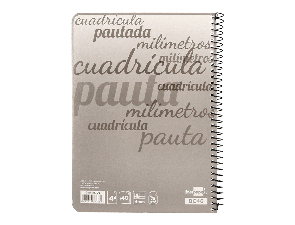 CUADERNO ESPIRAL LIDERPAPEL CUARTO PAUTAGUIA TAPA BLANDA 40H 75GR CUADRO PAUTADO 4MM C OLORES SURTIDOS