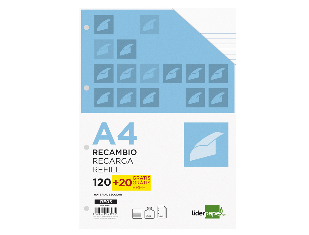 RECAMBIO LIDERPAPEL A4 120 HOJAS 70G/M2 HORIZONTAL SIN MARGEN 4 TALADROS BANDAS DE 5 COLORES