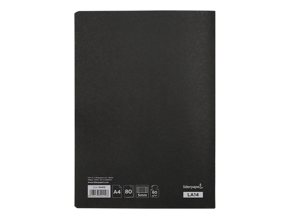 LIBRETA LIDERPAPEL TAPA NEGRA A4 80 HOJAS 60GR CUADRO 5MM CON DOBLE MARGEN