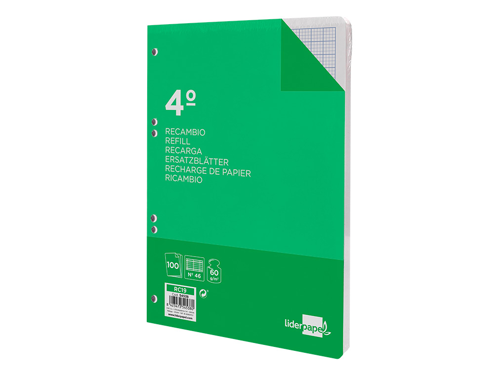 RECAMBIO LIDERPAPEL CUARTO 100 HOJAS 60GR RAYADO Nº 46 6 TALADROS