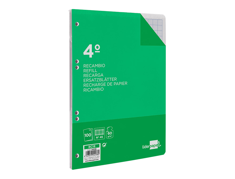 RECAMBIO LIDERPAPEL CUARTO 100 HOJAS 60GR RAYADO Nº 46 6 TALADROS