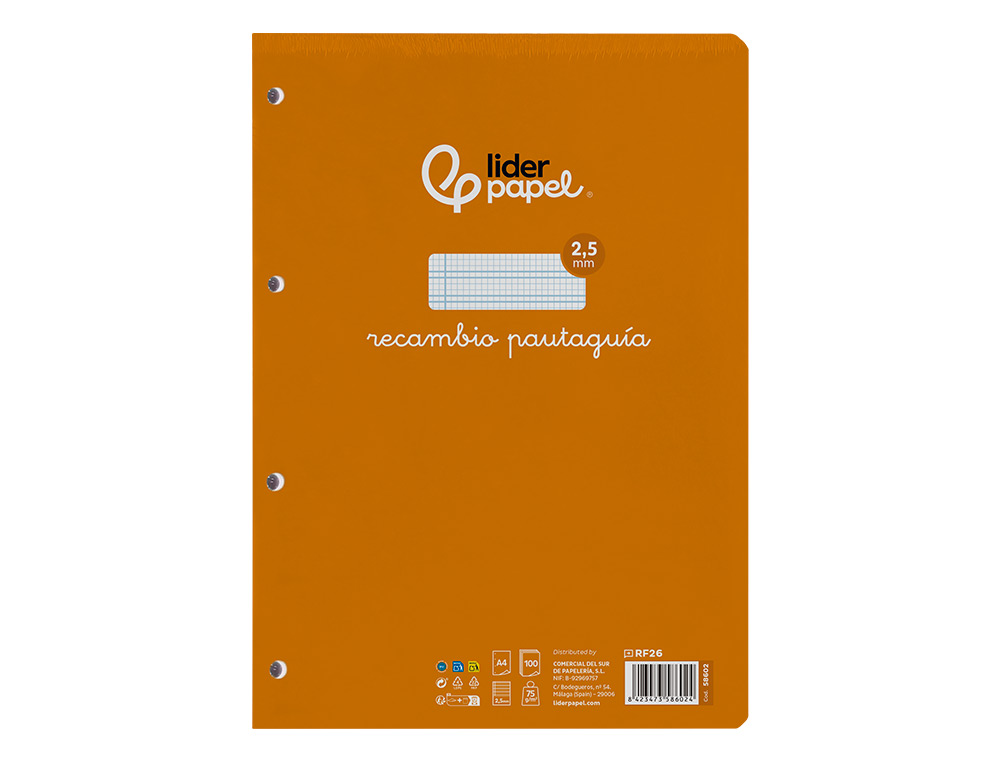 RECAMBIO LIDERPAPEL A4 PAUTAGUIA 100 HOJAS 75GR CUADRICULADO PAUTADO 2,5MM CON MARGEN 4 TALADROS