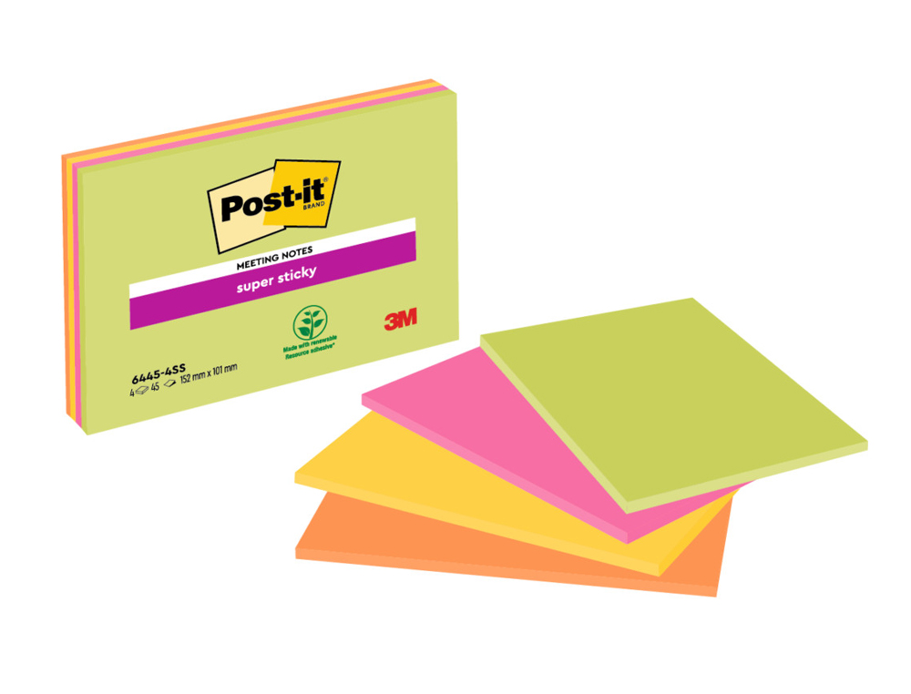 BLOC DE NOTAS ADHESIVAS QUITA Y PON POST-IT SUPER STICKY 152X101 MM CON 45 HOJAS PACK DE 4 UNIDADES COLORES NEON