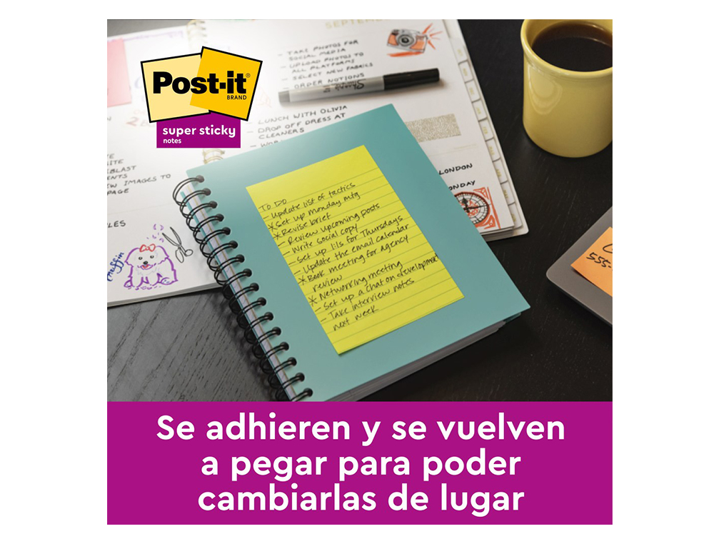 BLOC DE NOTAS ADHESIVAS QUITA Y PON POST-IT SUPER STICKY 152X101 MM CON 45 HOJAS PACK DE 4 UNIDADES COLORES NEON