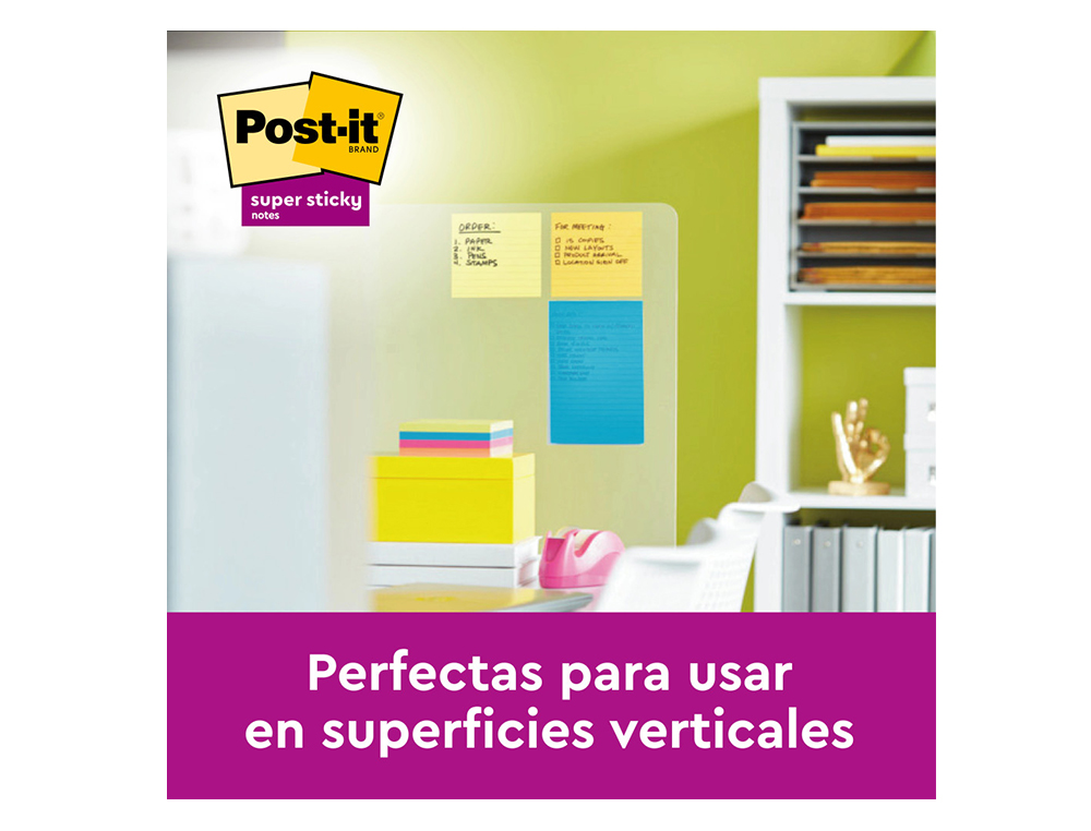 BLOC DE NOTAS ADHESIVAS QUITA Y PON POST-IT SUPER STICKY 152X101 MM CON 45 HOJAS PACK DE 4 UNIDADES COLORES NEON