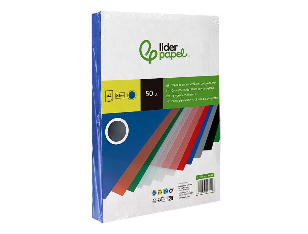 TAPA ENCUADERNACION LIDERPAPEL POLIPROPILENO A4 0.8MM AZUL OPACO PAQUETE DE 50 UNIDADES