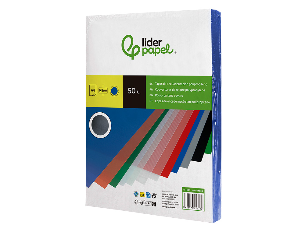 TAPA ENCUADERNACION LIDERPAPEL POLIPROPILENO A4 0.8MM AZUL OPACO PAQUETE DE 50 UNIDADES