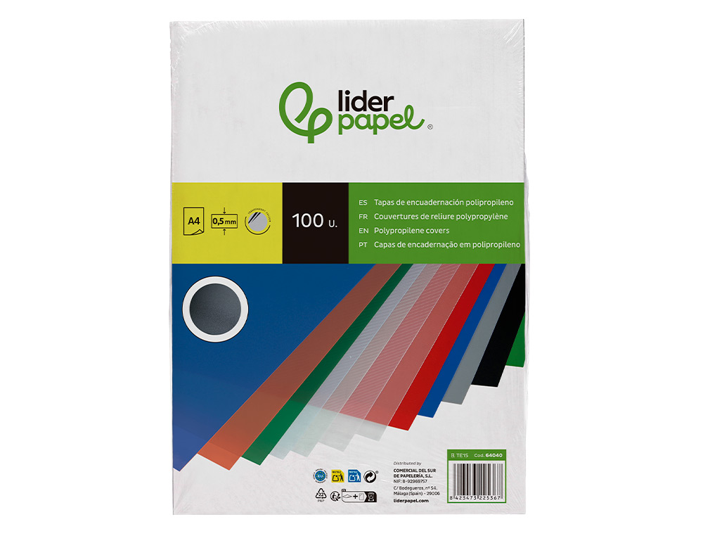 TAPA ENCUADERNACION LIDERPAPEL POLIPROPILENO A4 0.5MM INCOLOR TRANSLUCIDAS PAQUETE DE 100 UNIDADES
