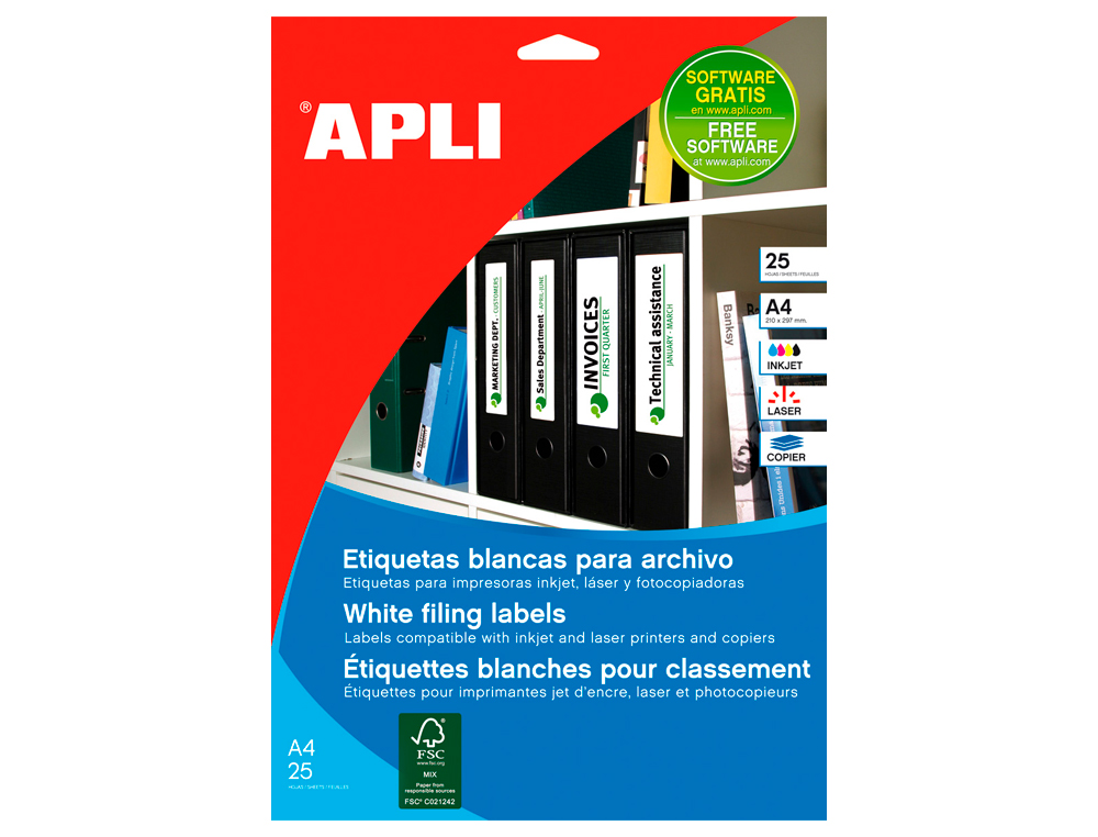 ETIQUETA ADHESIVA APLI 1233 TAMAO 190X61 MM PARA FOTOCOPIADORA LASER INK-JET CAJA 25 HOJAS CON 100