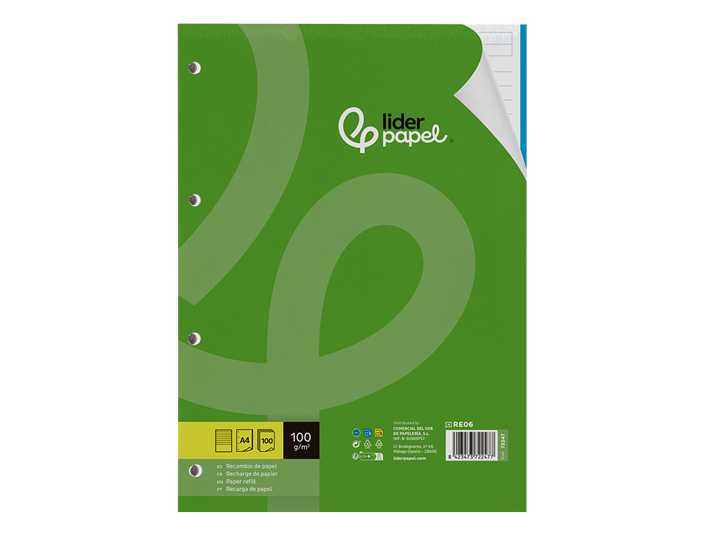 RECAMBIO LIDERPAPEL A4 100 HOJAS 100GR RAYADO HORIZONTAL 4 TALADROS BANDAS DE 5 COLORES