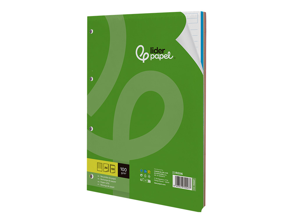 RECAMBIO LIDERPAPEL A4 100 HOJAS 100GR RAYADO HORIZONTAL 4 TALADROS BANDAS DE 5 COLORES