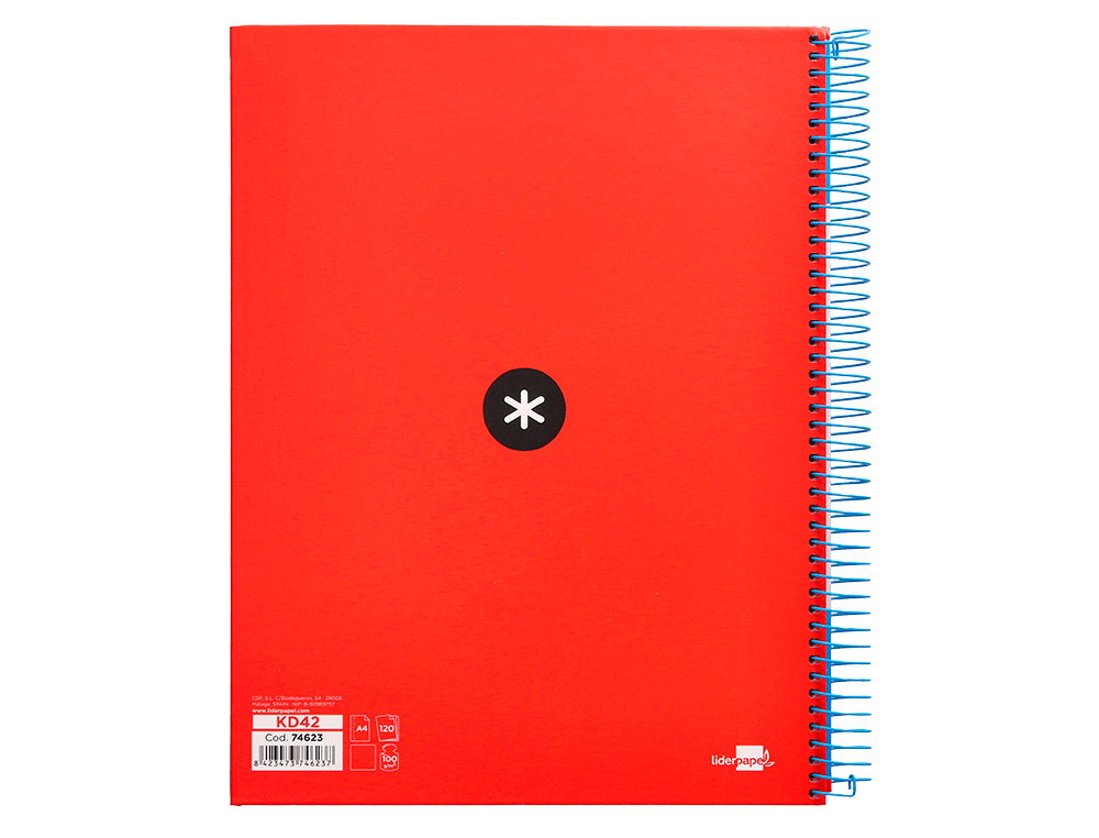 CUADERNO ESPIRAL A4 MICRO ANTARTIK TAPA FORRADA 120H 90 GR LISO CON BANDAS 4 TALADROS COLOR ROJO