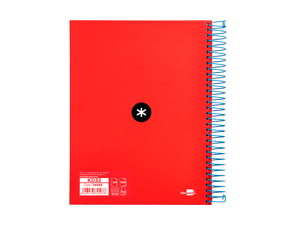 CUADERNO ESPIRAL A5 MICRO ANTARTIK TAPA FORRADA120H 90GR CUADRO 5MM 5 BANDAS 6 TALADROS COLORES SURTIDOS