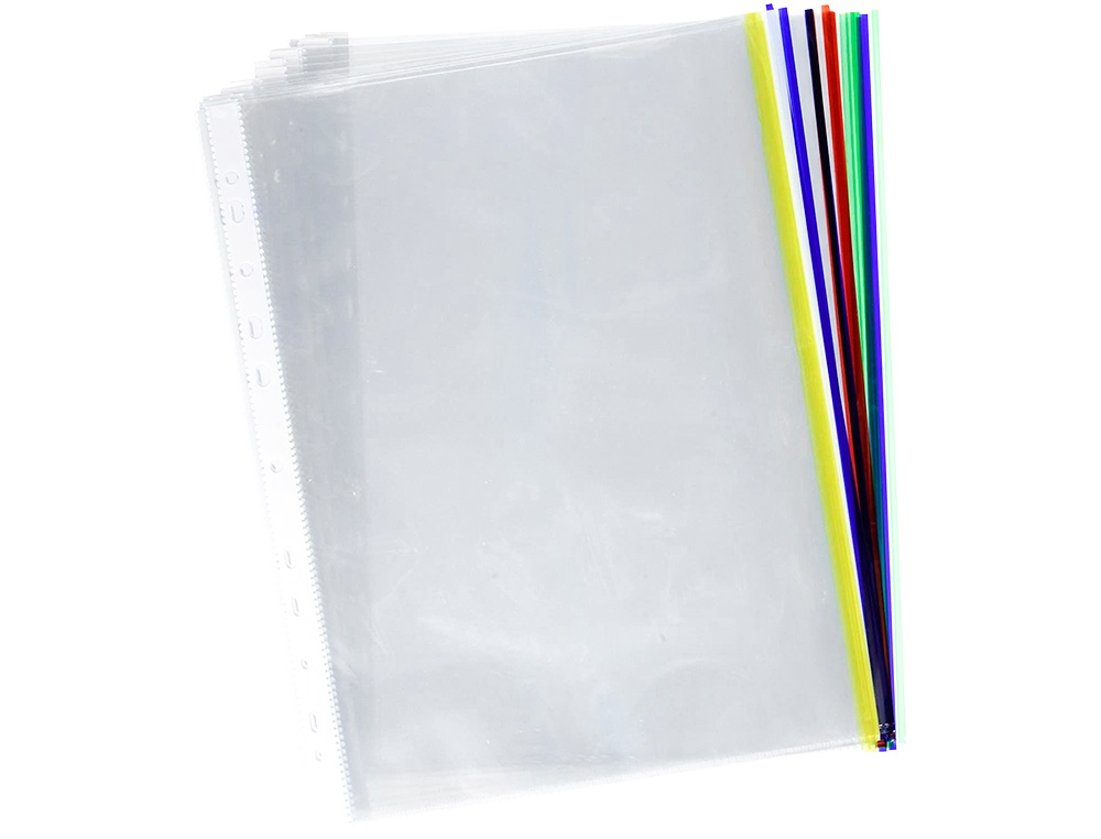 FUNDA MULTITALADRO Q-CONNECT DIN A4 70 MC CRISTAL CON BORDE COLORES SURTIDOS BOLSA DE 25 UNIDADES