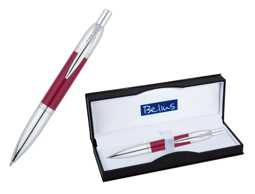 BOLIGRAFO BELIUS PERPIGNAN LACADO ROJO CON ADORNOS CROMADOS EN ESTUCHE