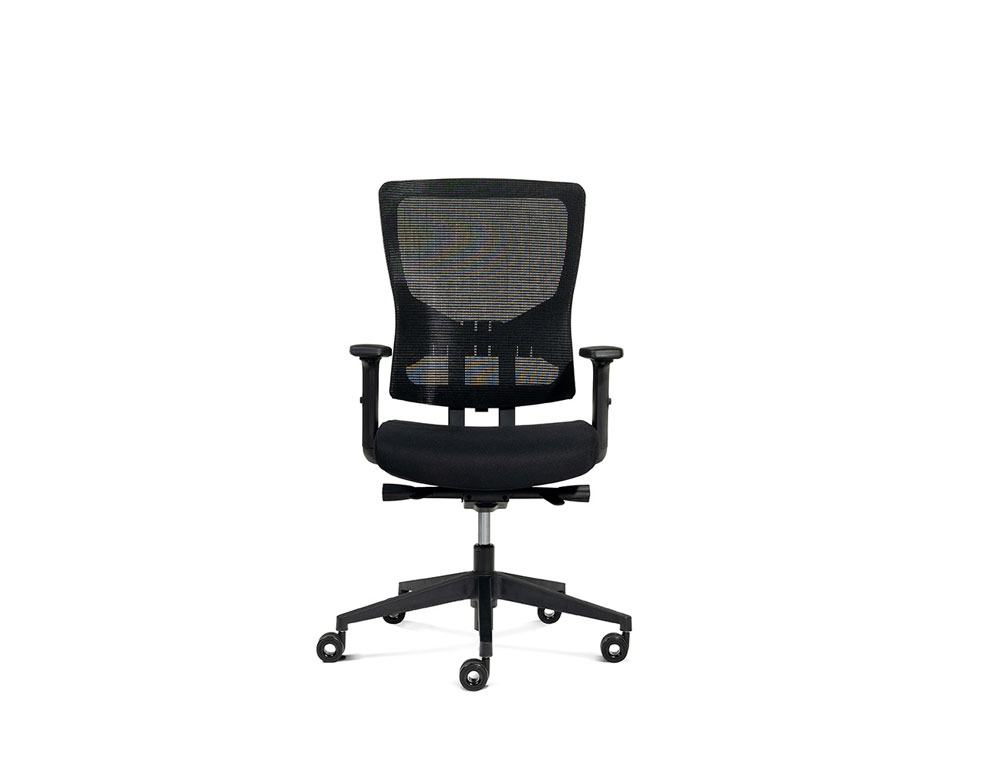 SILLA DE OFICINA ROCADA BRAZOS REGULABLES ASIENTO TELA IGNIFUGA Y RESPALDO MALLA COLOR NEGRO