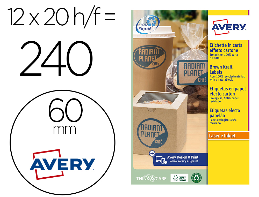 ETIQUETA ADHESIVA AVERY KRAFT EFECTO CARTON REDONDA 60 MM REMOVIBLE PARA LASER INK-JET