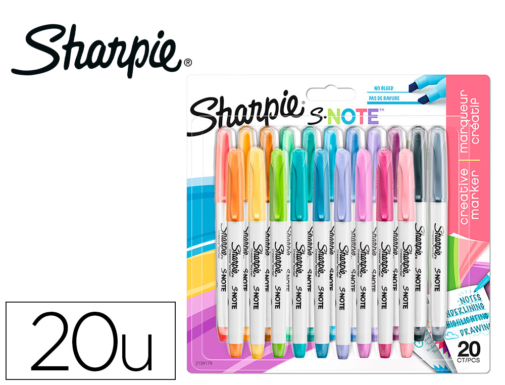 ROTULADOR SHARPIE PERMANENTE S-NOTE PUNTA BISELADA TRAZO 1,2 /3,87 MM BLISTER 20 UNIDADES COLORES SURTIDOS