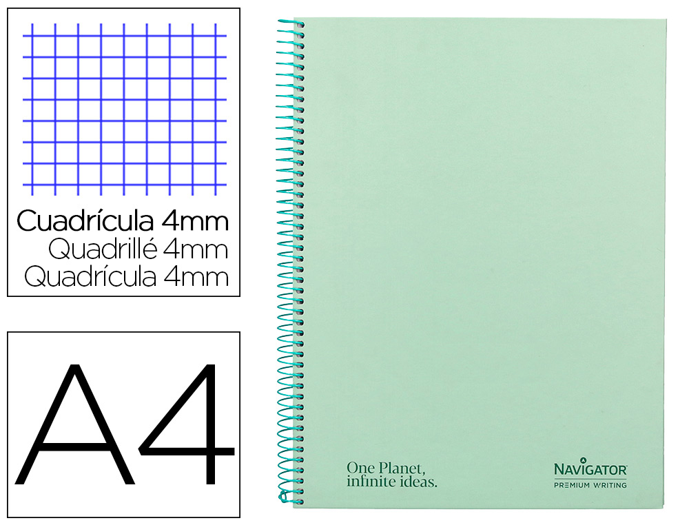 CUADERNO ESPIRAL NAVIGATOR A4 TAPA DURA 80H 80GR CUADRO 4MM CON MARGEN MENTA