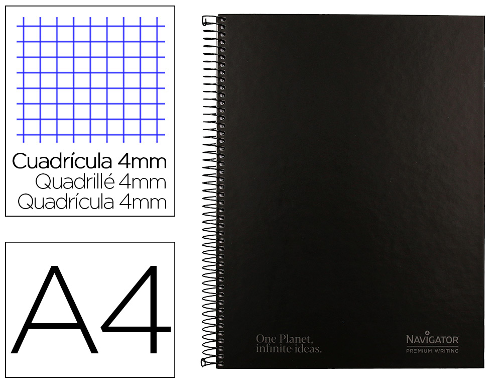 CUADERNO ESPIRAL NAVIGATOR A4 TAPA DURA 80H 80GR CUADRO 4MM CON MARGEN NEGRO