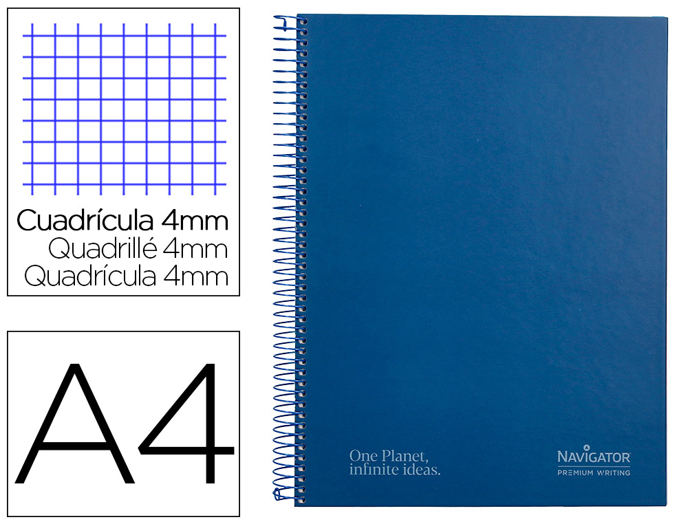 CUADERNO ESPIRAL NAVIGATOR A4 TAPA DURA 80H 80GR CUADRO 4MM CON MARGEN AZUL MARINO