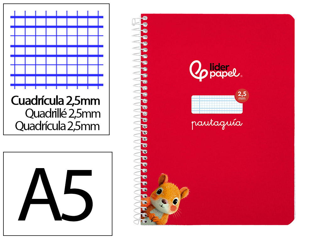 CUADERNO ESPIRAL LIDERPAPEL A5 PAUTAGUIA TAPA BLANDA 40H 75 GR CUADRO PAUTADO 2,5MM COLOR ROJO