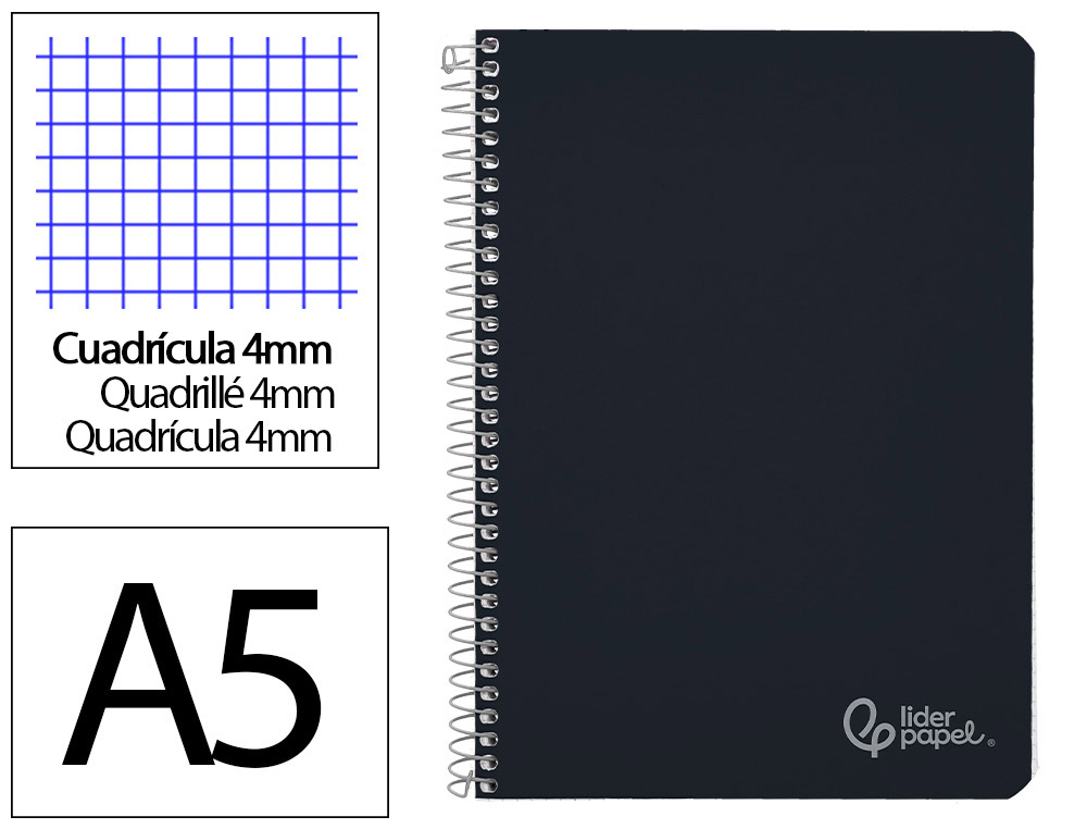 CUADERNO ESPIRAL LIDERPAPEL A5 WITTY TAPA DURA 80H 90GR CUADRO 4MM CON MARGEN COLOR NEGRO