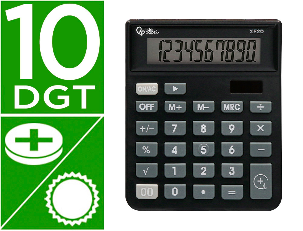 CALCULADORA LIDERPAPEL SOBREMESA XF20 10 DIGITOS SOLAR Y PILAS COLOR NEGRO 127X105X24 MM