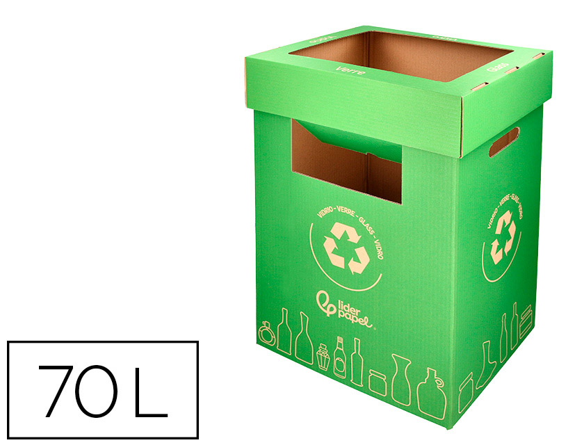 CONTENEDOR PAPELERA RECICLAJE LIDERPAPEL CARTON RECICLADO PARA VIDRIO 450X350X350 MM 70 LITROS VERDE