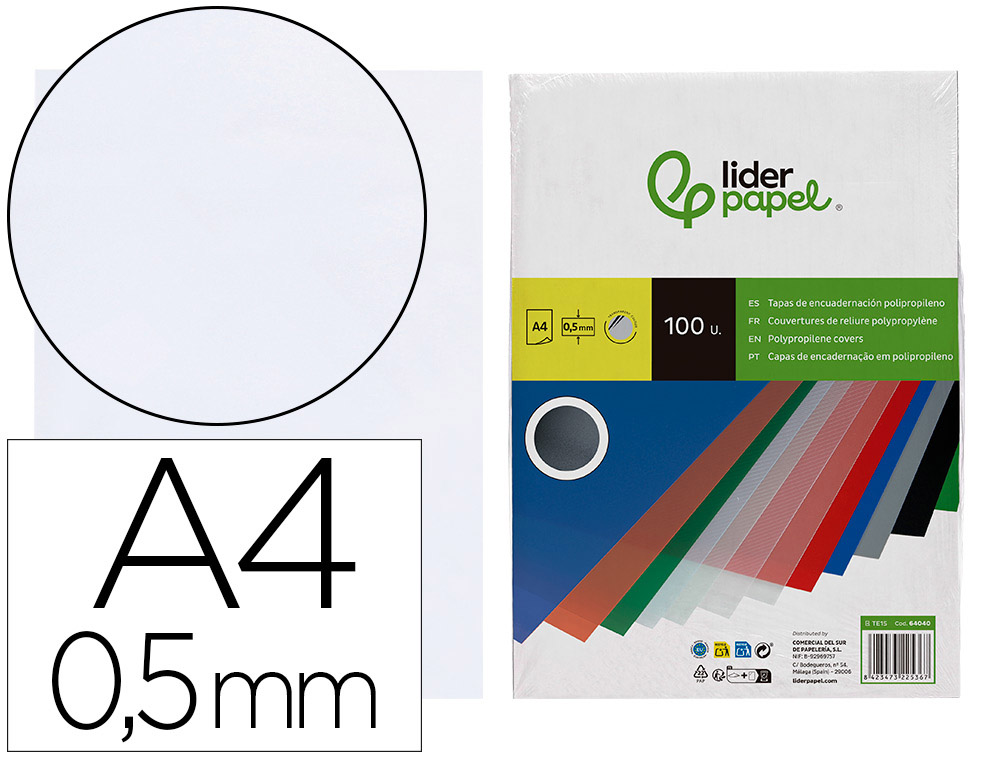 TAPA ENCUADERNACION LIDERPAPEL POLIPROPILENO A4 0.5MM INCOLOR TRANSLUCIDAS PAQUETE DE 100 UNIDADES